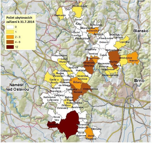 Obrázek 22. Počet ubytovacích zařízení v obcích MAS Brána Brněnska, z.s. k 31. 7.
