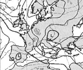 Obr. 8 Přízemní mapa ze 7. 8. 00:00 UTC. Fig. 8. Surface chart from 7 August 00:00 UTC.