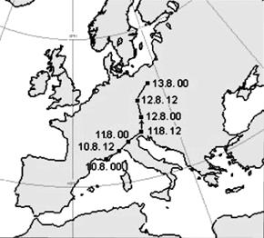 Obr. 37 Časový průběh srážek po 6 hodinách na stanicích Churáňov a Temelín. Fig. 37. Precipitation time series in mm/6 hours at the Churáňov and Temelín stations. Obr. 38 Postup středu tlakové níže.