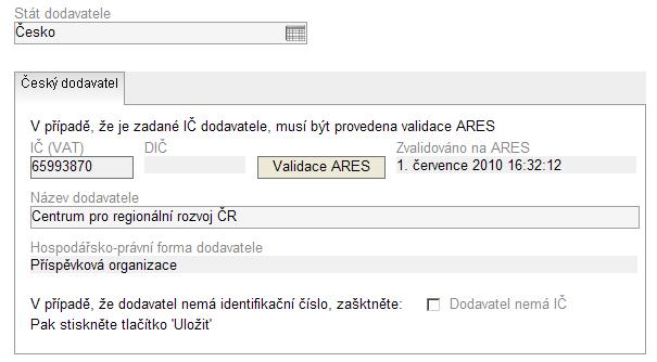 načtou z IS ARES. Příjemce doplní a popíše změnu v procesu vyhlášení nebo realizace VŘ.