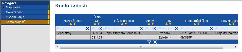 Konto projektů Na přehledu všech ţádostí (Konto žádostí)