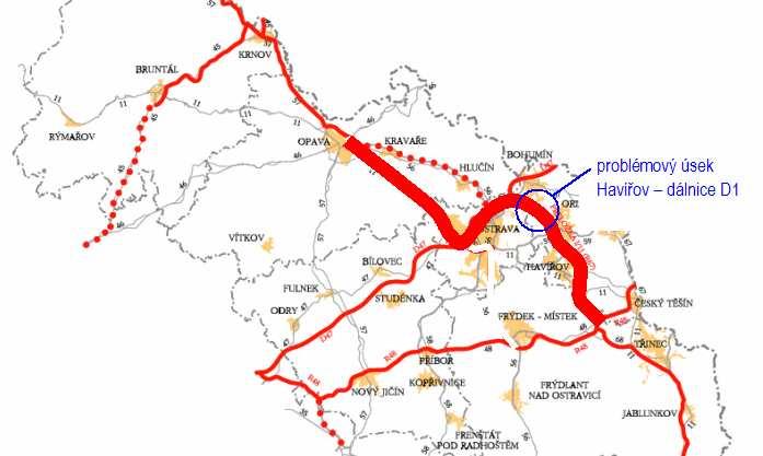 Obrázek 2.22 Vedení příhraniční příčky Slezského kříže v úseku R48 Opava po vybudování přeložky silnice I/68 v úseku Havířov D1 Obrázek 2.