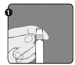 1. krok: Jednou rukou držte injekční stříkačku (E) uzávěrem nahoru. Injekční stříkačku držte za bílý texturovaný přídržný kroužek (D).