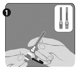 krok: Jednou rukou pevně držte injekční stříkačku (E) za bílý texturovaný přídržný kroužek (D).