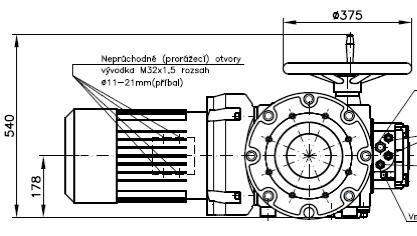 Rozměrový náčrtek elektrických servomotorů MODACT MOA, litinové provedení t.č. 52026.2xxxS hliníkové provedení t.č. 52026.3xxxS ø 375 Neprůchodné (prorážecí) otvory vývodka M32x1,5 rozsah ø 11 21 mm (příbal) 1x kabel.