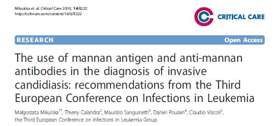 14 studií, 453 pacientů (hematoonkologie, JIP, chirurgie) kontrolní soubor 767 pacientů mannan - sensitivita 58 %, specificita 93 % antimannan - sensitivita 59 %, specificita 83 % mannan /antimannan