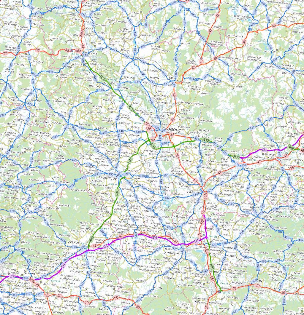 Socio-ekonomická analýza / Dopravní infrastruktura 135 Silnice I/55 vedoucí z Olomouce (zde je napojena na silnice I/46 a I/35) do Přerova a pokračující dále směrem na Hulín, Otrokovice, Uherské
