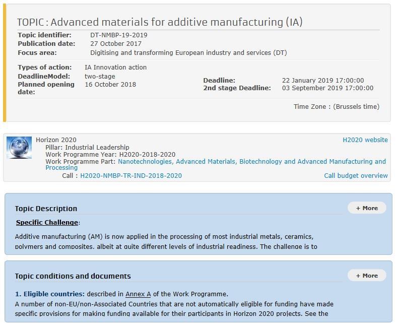 Příklad konkrétního tématu DT-NMBP-19-2019: Advanced materials for additive manufacturing (IA) Dvoukolová výzva (viz Conditions for the Call.