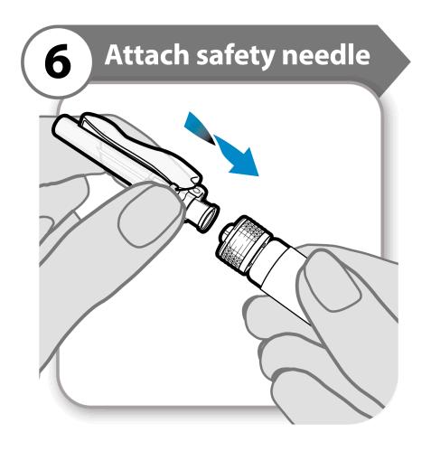 6. Nasaďte bezpečnostní jehlu 6 Nasaďte bezpečnostní jehlu Šroubovitým pohybem nasaďte bezpečnostní jehlu co nejhlouběji na injekční stříkačku. 7.