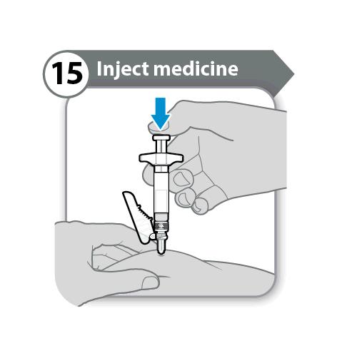 14. Zaveďte jehlu 14 Zaveďte jehlu Jemně uchopte kůži v místě vpichu injekce. Zaveďte celou jehlu do kožní řasy. 15.