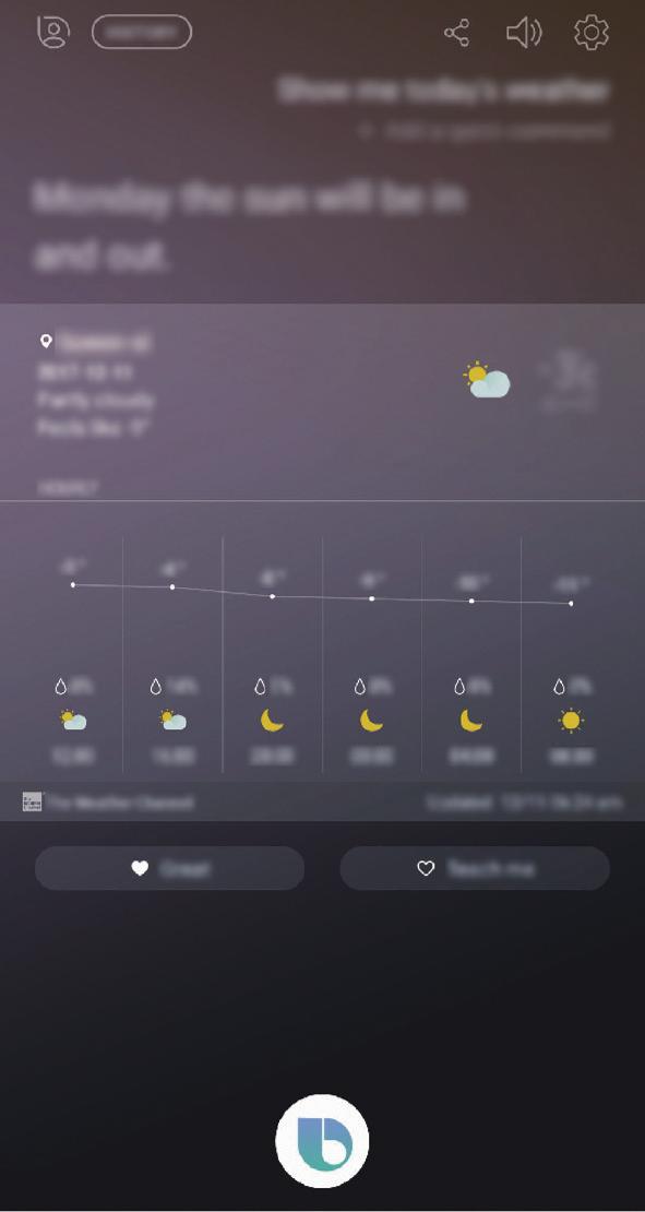 Aplikace a funkce Kontrola počasí nebo svého programu Na obrazovce služby Bixby můžete kontrolovat počasí nebo svůj program.