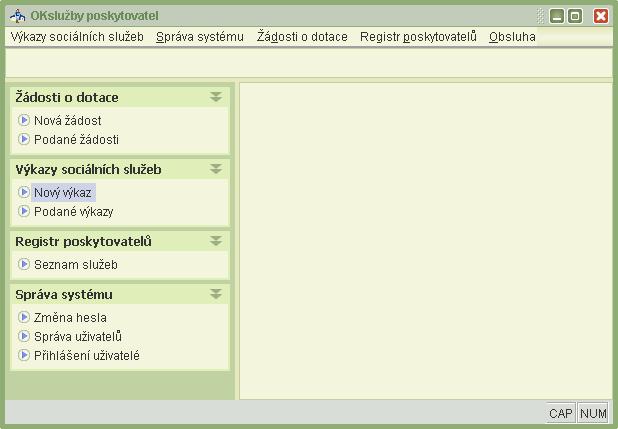 V přihlašovacím okně vyplňte Uživatelské jméno a Heslo a pokračujte stisknutím tlačítka OK. 2. V hlavním menu aplikace zvolte položky Nový výkaz.