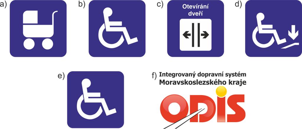 e) označení bezbariérového vozidla na čele, f) logo ODIS (na boku vozidla dle vzoru a rozměrů dodaných společností KODIS), g) logo Moravskoslezského kraje (na boku vozidla dle vzoru a rozměrů