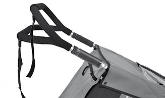 První montáž a instalace vozíku Croozer Montáž a demontáž tažného madla a záchytného popruhu Tažné madlo splňuje dvě funkce: Při provozu jako Buggy nebo Jogger
