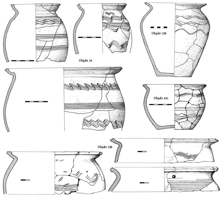 Velkomoravská keramika z Břeclavi-Pohanska Jižního předhradí Obr. 2. Pohansko Jižní předhradí, keramická skupina I (kresby nádob podle Vignatiová 1992): keramika z obj. 95 (1, 2), obj. 378 (3), obj.
