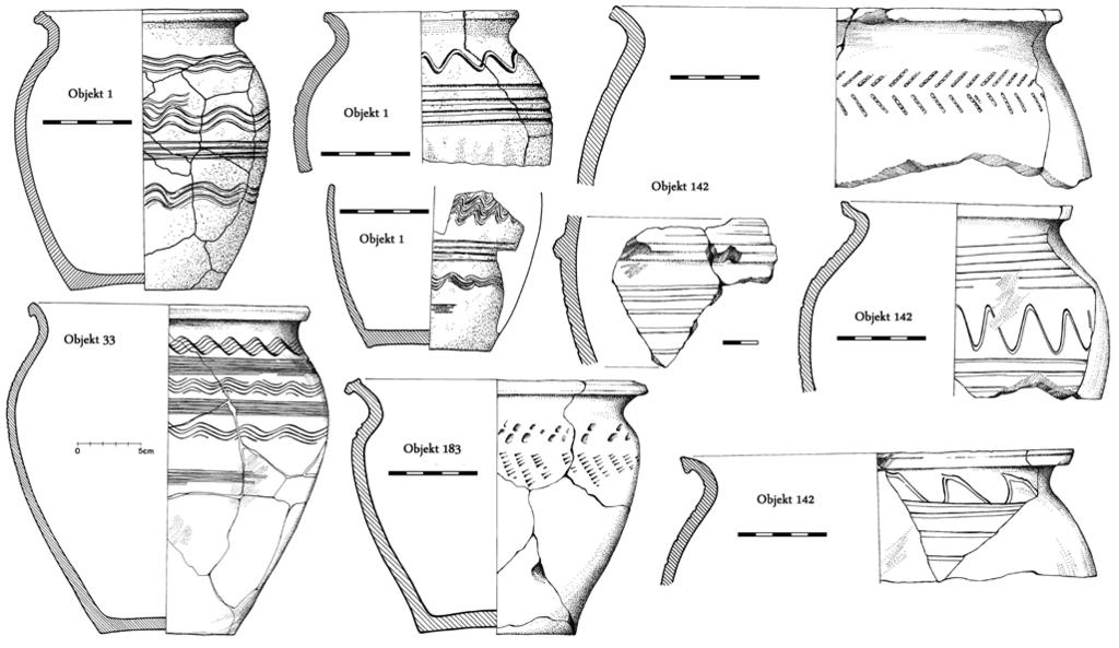 Sborník z doktorského semináře II Obr. 4. Pohansko Jižní předhradí, keramická skupina III (kresby nádob podle Vignatiová 1992): keramika z obj. 14 (1, 2), obj. 203 (3), obj. 34 (4), obj. 95 (5, 6).