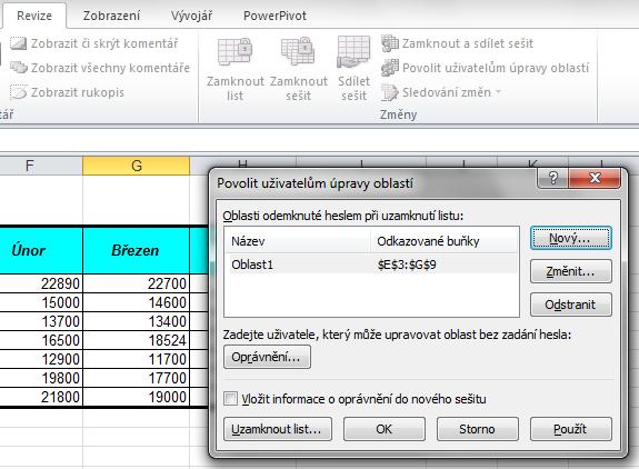 3.5 Zamykání Zabrání změnám hodnot i vzorců v buňkách Nastavení: všechny buňky mají předem nastaveno své zamknutí, které se projeví ale až po zamknutí list nebo sešitu, vhodné ochránit heslem pro