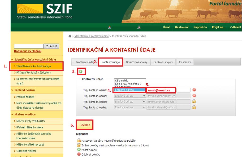 části (viz. bod č.3 na obrázku č. 4). V pravé části (viz. bod č.4 na obrázku č.4) se nacházejí adresy zakázané pro odběr zpráv.