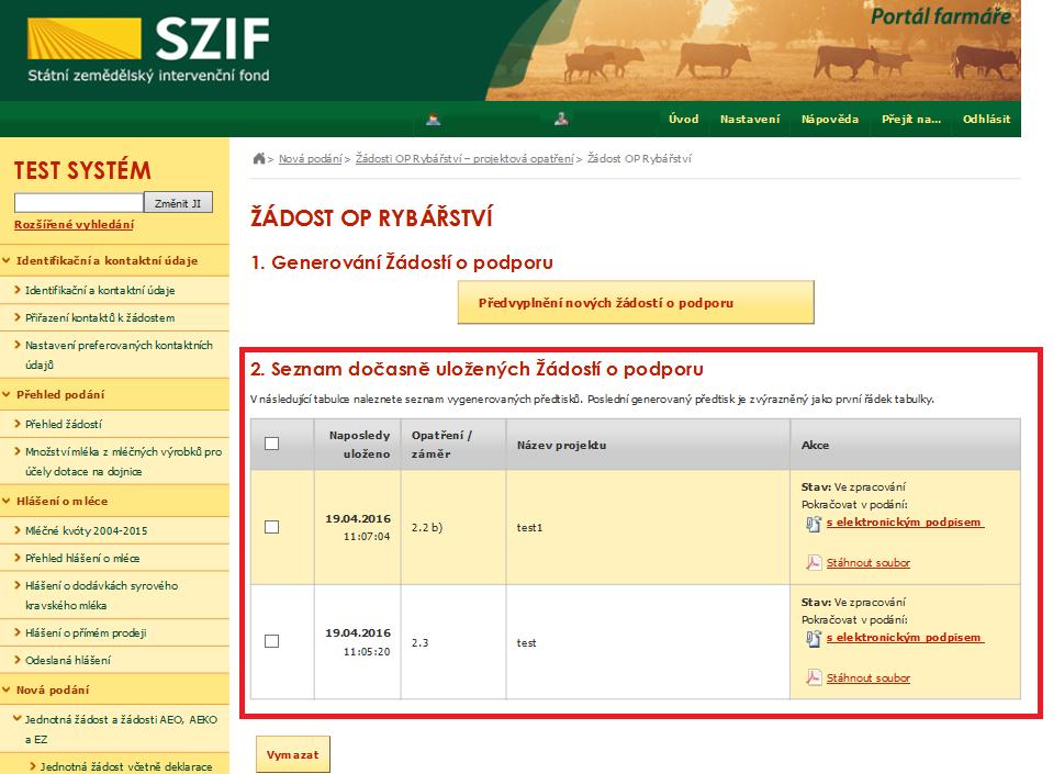 Pokud bylo v předchozím kroku zaškrtnuto více opatření/záměrů pro předvyplnění Žádostí o podporu, pak bude v sekci vygenerovaných žádostí tolik