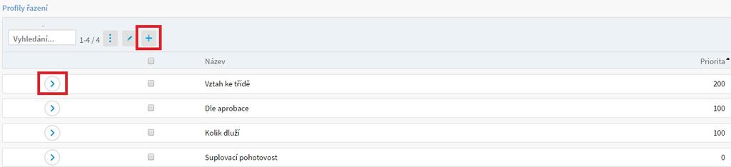 Přednastavené profily je možné upravit kliknutím na modrou šipku před profilem nebo vytvořit nové přes modré +.