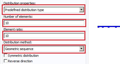 V něm vyberu Predefined distribution type z volbeb Distribution properties:. Number of elements: zde zadám 10, Element ratio: zde také 10 a v Distribution method: vyberu Geometric sequence.