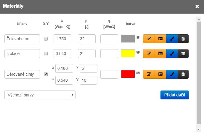 18. MATERIÁLY Položka Materiály slouží k zadání materiálových charakteristik a jejich přiřazení vytvořeným modelům. Do zadání je možné zadat libovolný počet materiálů pomocí tlačítka Přidat další.