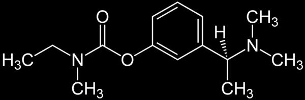 Používá se rivastigmin (Obrázek 6), derivát karbamové kyseliny, který selektivě působí na mozkovou kůru a na hipokampus a nemá výrazné vedlejší účinky (Hyršová, 2012).