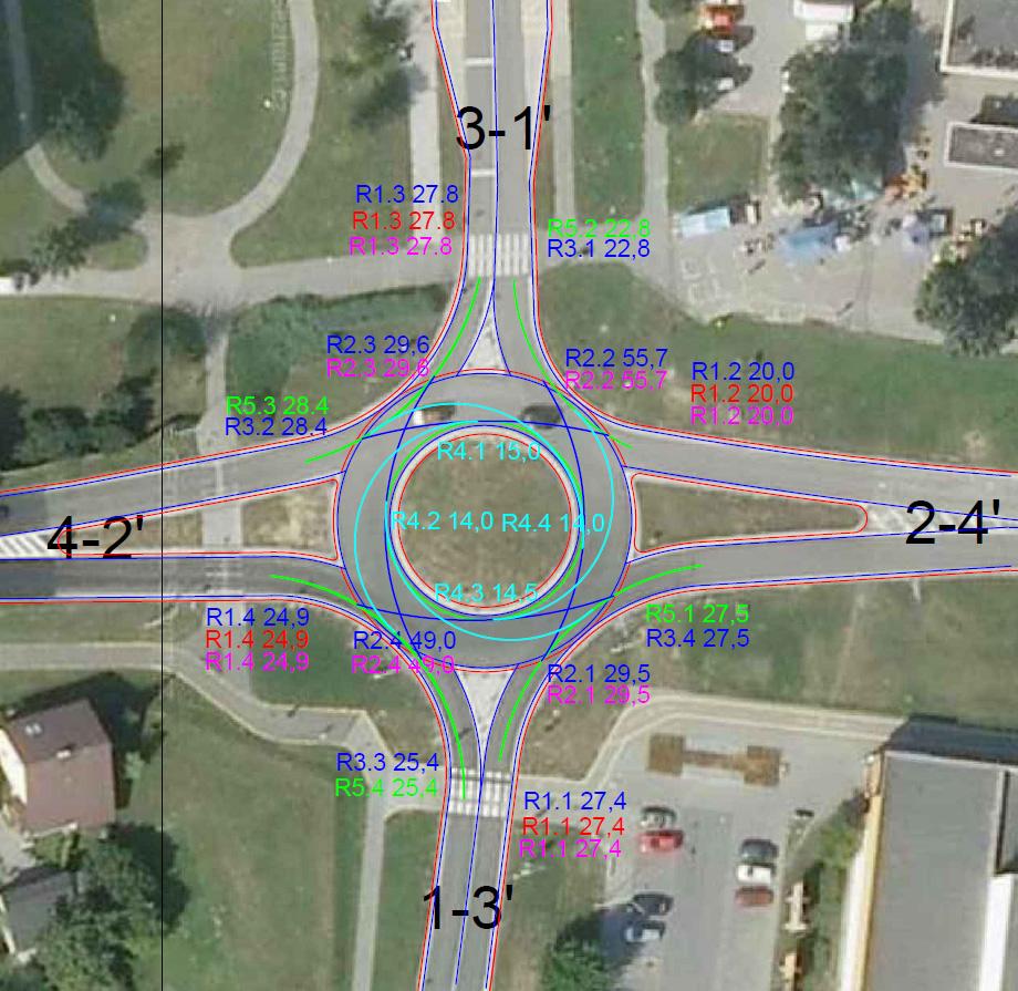 Obr. 3: Vyznačené dráhy průjezdu a charakteristické poloměry Reálná dynamika průjezdu V tomto případě byly průzkumem in situ měřeny rychlosti vozidel v charakteristických bodech okružní křižovatky