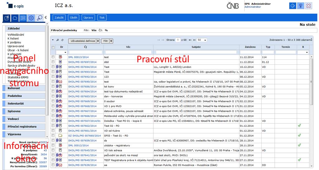 Pracovní prostředí Obrázek popisuje pracovní prostředí. Vlevo jsou složky Panelu navigačního stromu (navigační strom) a vpravo pracovní stůl, který zobrazuje obsah jednotlivých složek.