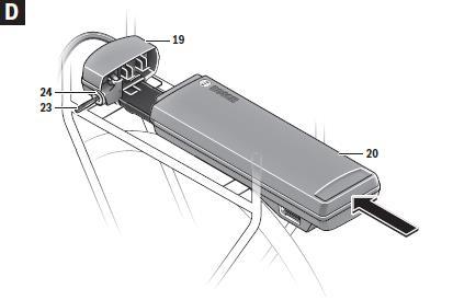 Při vkládání nosičové baterie 20 nasuňte příslušenství směrem k držáku 19. Ujistěte se, že je baterie pevně připojena a poté ji uzamkněte zámkem 24. Po uzamčení vždy vyjměte klíček 23 ze zámku 24.