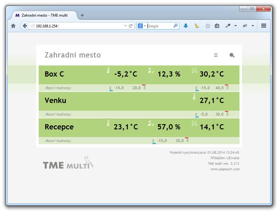 TME multi a TME radio Webová stránka s přehledem aktuálních hodnot ze všech senzorů. Konfigurace přes webové rozhraní. Odesílání měřených dat na server jako HTTP GET. Aktuální data ve formátu XML.