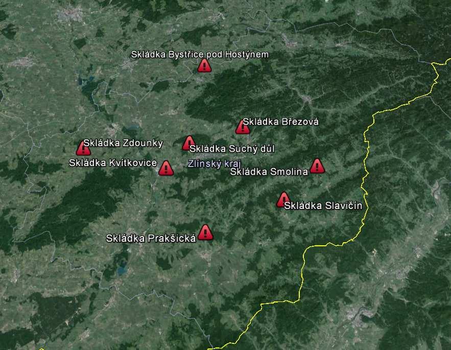 Obrázek 6: Přehledová mapa skládek ve Zlínském kraji Zdroj dat: Plán odpadového hospodářství Zlínského kraje 2016-2025 Celková projektovaná kapacita je 3,743 mil.