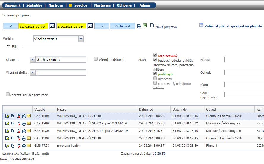 NOVINKA Spedice možnost filtrace přeprav pomocí datumu od - do Ve Spedici si je nyní možné filtrovat přepravy