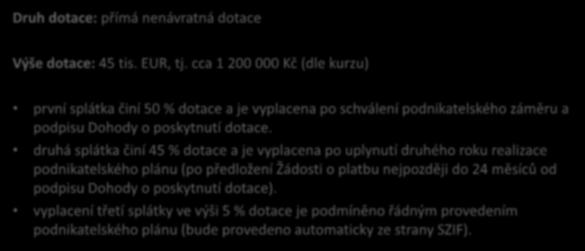 6.1.1 Zahájení činnosti mladých zemědělců Druh a výše dotace: Druh dotace: přímá nenávratná dotace Výše dotace: 45 tis. EUR, tj.