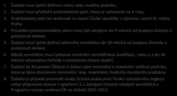 6.1.1 Zahájení činnosti mladých zemědělců Kritéria přijatelnosti podnikatelského plánu: 1. Žadatel musí splnit definice mikro nebo malého podniku; 2.