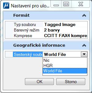 Komprese - CCITT FAX4 komprese; 6. Tlačítkem Varianty... otevřete okno Nastavení..., kde zvolíte Geografické informace -> Sesterský soubor -> WorldFile.