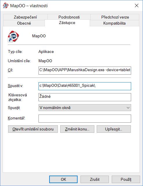 Instalace aplikace MapOO dále vytvoří zástupce na ploše. Ve vlastnostech zástupce lze nastavit automatické spuštění vybraného projektu a nastavit ovládání pro tablet nebo pro desktopový počítač.