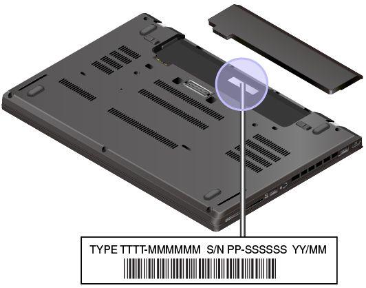 Následující obrázek ukazuje, kde najdete štítek s informacemi o typu a modelu počítače.
