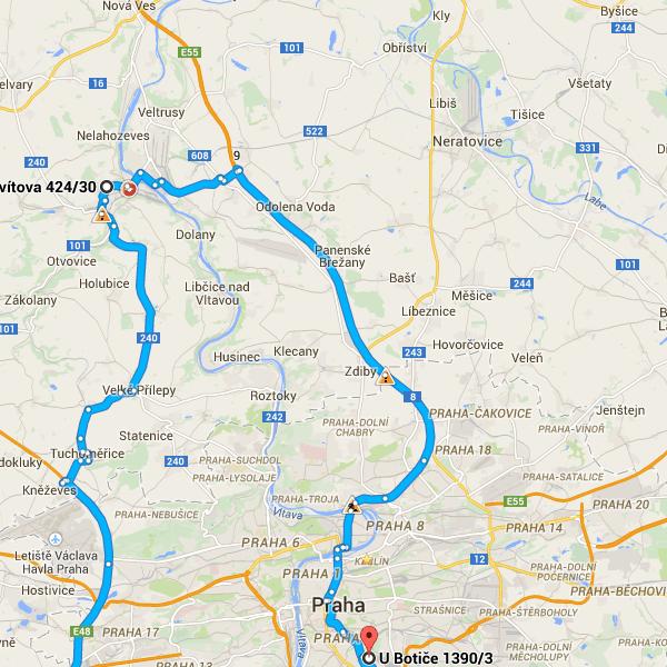 Pokračujte po Liberecká 2,4 km 16. Pokračujte po Cínovecká 4,7 km 17. Pokračujte po E55 Zpoplatněná silnice 11,4 km 18. Vyjeďte výjezdem 9 na Kralupy n. Vlt./Veltrusy 250 m Pokračujte po silnici 0081.