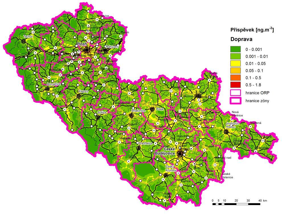 Obrázek 40: Příspěvek skupiny mobilních zdrojů (Doprava) k průměrné roční koncentraci