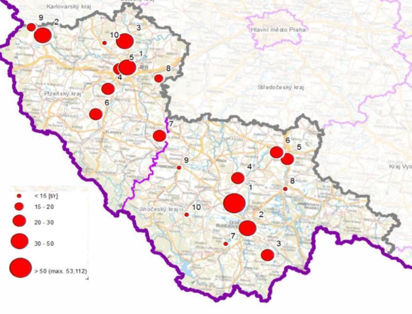 Obrázek 42: Provozovny vyjmenovaných zdrojů s nejvyššími emisemi tuhých znečišťujících látek, stav roku 2011, zóna CZ03 Jihozápad Zdroj dat: ČHMÚ C.6.