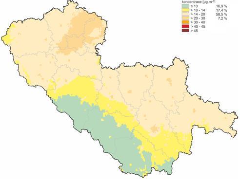 podstatná část území (70,4 %) leží v intervalu koncentrací 14-20 µg.m -3, 6,6 % v intervalu 20-30 µg.m -3, 13,7 % i v intervalu 10-14 µg.