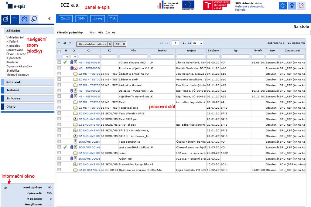 Jak Pracovat v e-spis 2.32.02 3.1. Pracovní prostředí V horní části okna aplikace jsou ovládací prvky prohlížeče INTERNET EXPLORERU (IE). obr 9.