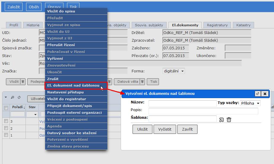 Jak Pracovat v e-spis 2.32.02 5.1.5. Založení el. dokumentu nad šablonou V e-spis mohou být připraveny šablony obsahující defaultní text a pole označující určité informace (např.