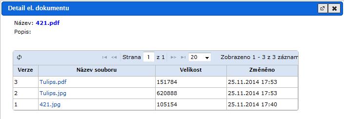 Jak Pracovat v e-spis 2.32.02 obr 74. Detail el. dokumentu Kliknutím na název souboru se zobrazí náhled na vybranou verzi el. dokumentu. 5.1.