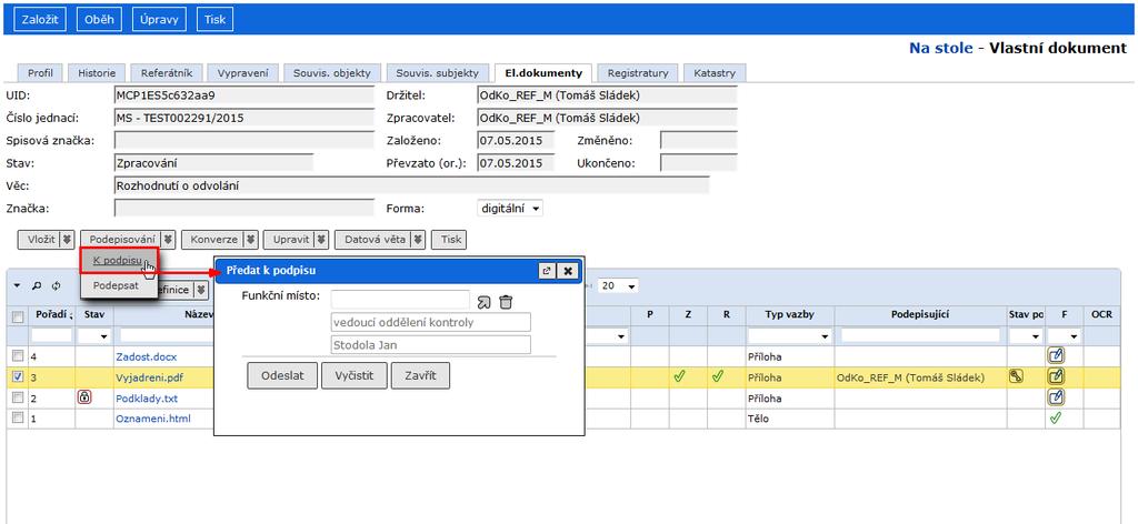 Ostatní funkce systému Poznámka: Pro specifické datové formáty, jejichž konverzi nelze zajistit prostředky konverzního modulu e-spis, umožněno připojit výstup z konverze (změny) datového formátu,