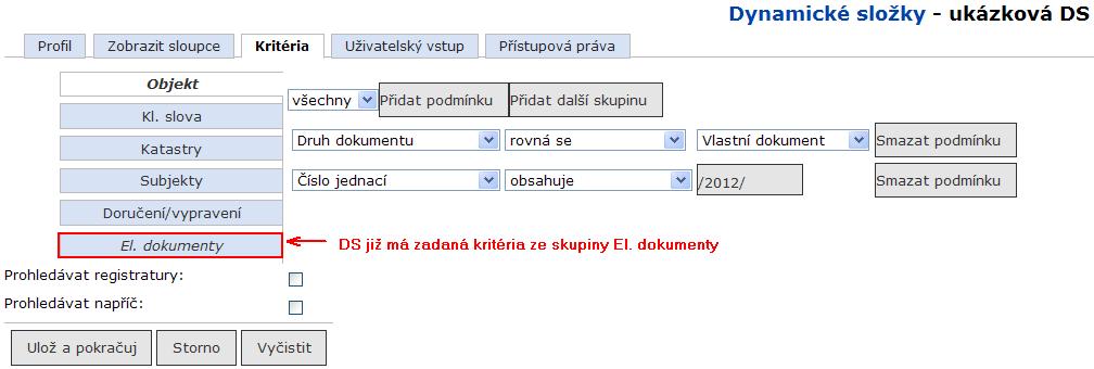 Jak Pracovat v e-spis 2.32.02 po rozkliknutí příslušné skupiny (Objekt, Kl.. slova,...).