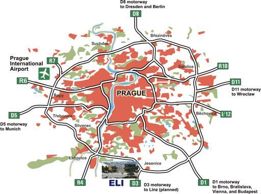 Umístění ELI Beamlines Dolní Břežany Praha + Střední Čechy