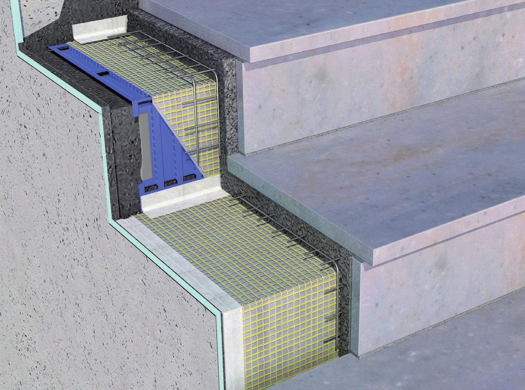 . Dlažba na venkovním schodišti, na středněvrstvém loži lepidla nebo drenážní maltě Betonová / AquaDrain SD - odvodňovací páska ARDEX +/L - izolace a lepidlo AquaDrain SD -