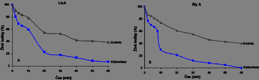 Výsledky glykosidas. Působení LtxA po dobu 60 minut vedlo k usmrcení téměř všech glykosylovaných buněk, zatímco až 40% deglykosylovaných buněk přežívalo působení LtxA za stejných podmínek.
